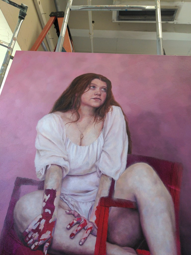 Getting so close with Woman in Pink! These hands gave me so much grief but I was so excited by the progress on the dress at this stage. Adding the little puff balls on the dress was my favorite part on my last night working on these.