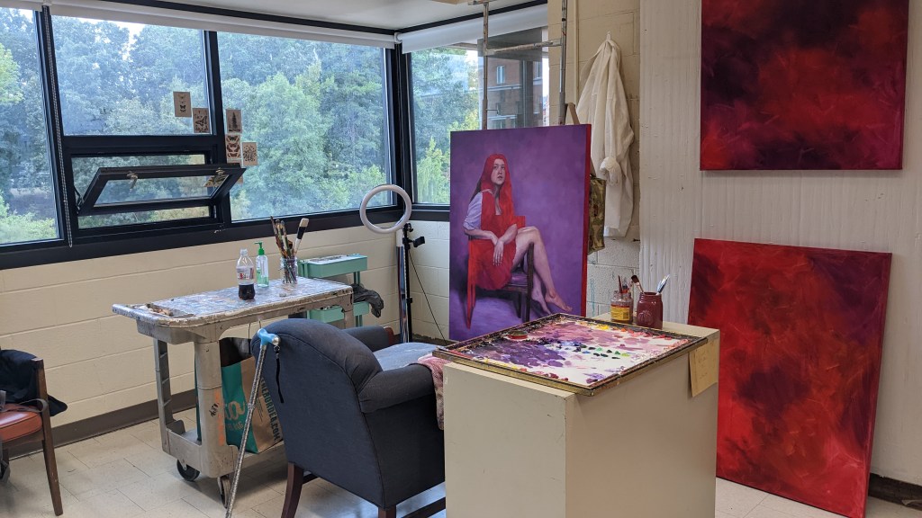 The violet painting in my first studio space at UNCC, before I moved to a different area at the end of the semester. Notice the palette getting progressively messier...