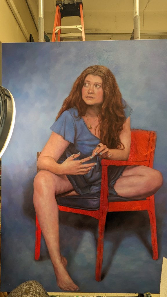 Here I was almost done with my first layer on Woman in Blue, and dreading that wretched chair... I'm mostly joking. I resent painting slanted/sloped lines on furniture, but the cushions were really fun to bring to life.